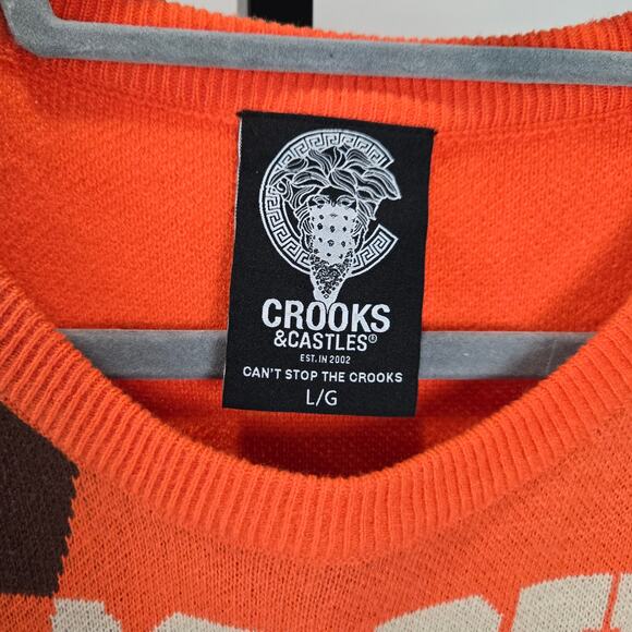 Crooks and Castles Knit Sweater Logo Color Block Orange Y2K Streetwear Large Men - Picture 3 of 7